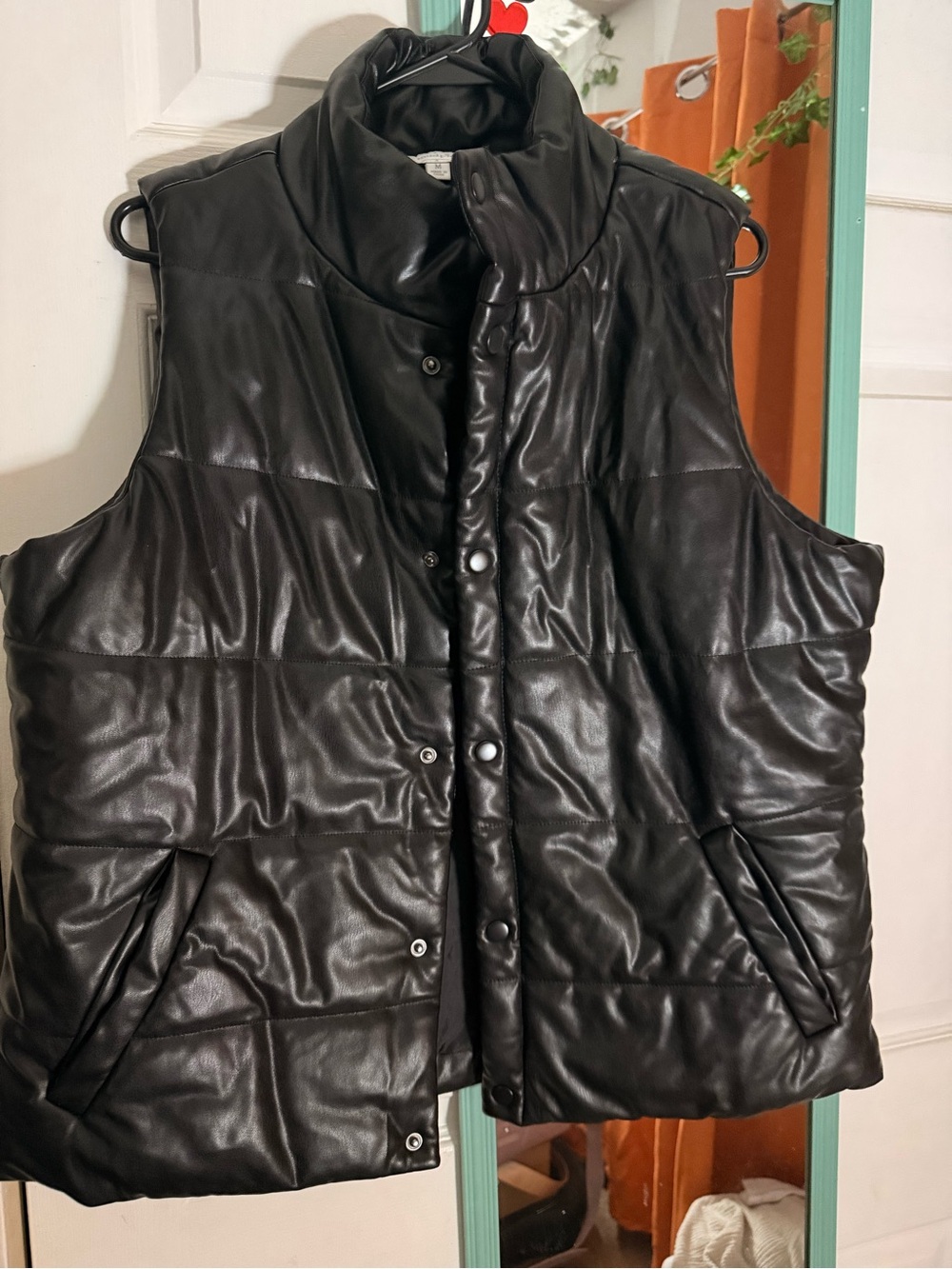 Mud Pie Black Quilted Faux Leather Puffer Vest with High Collar